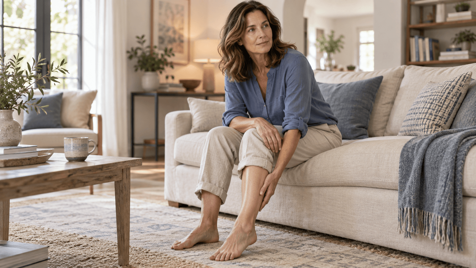 Woman resting a hand on her lower leg while seated at home