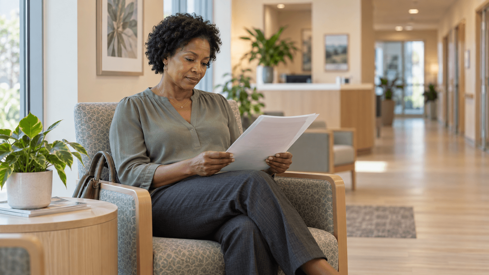 Woman reviewing documents in a healthcare waiting area