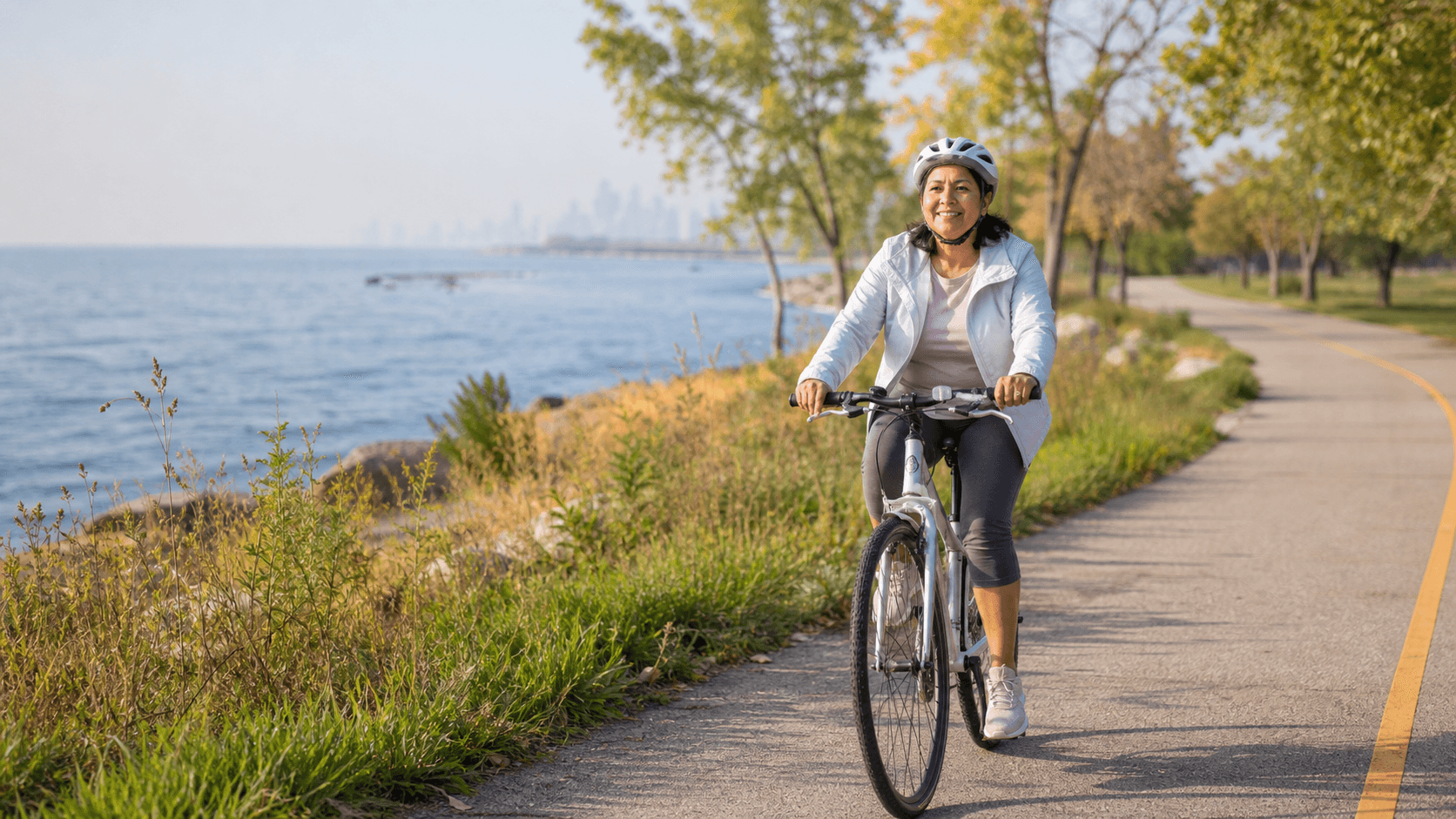 A Latina woman cycling along a Lake Michigan trail in the Chicago metro area
